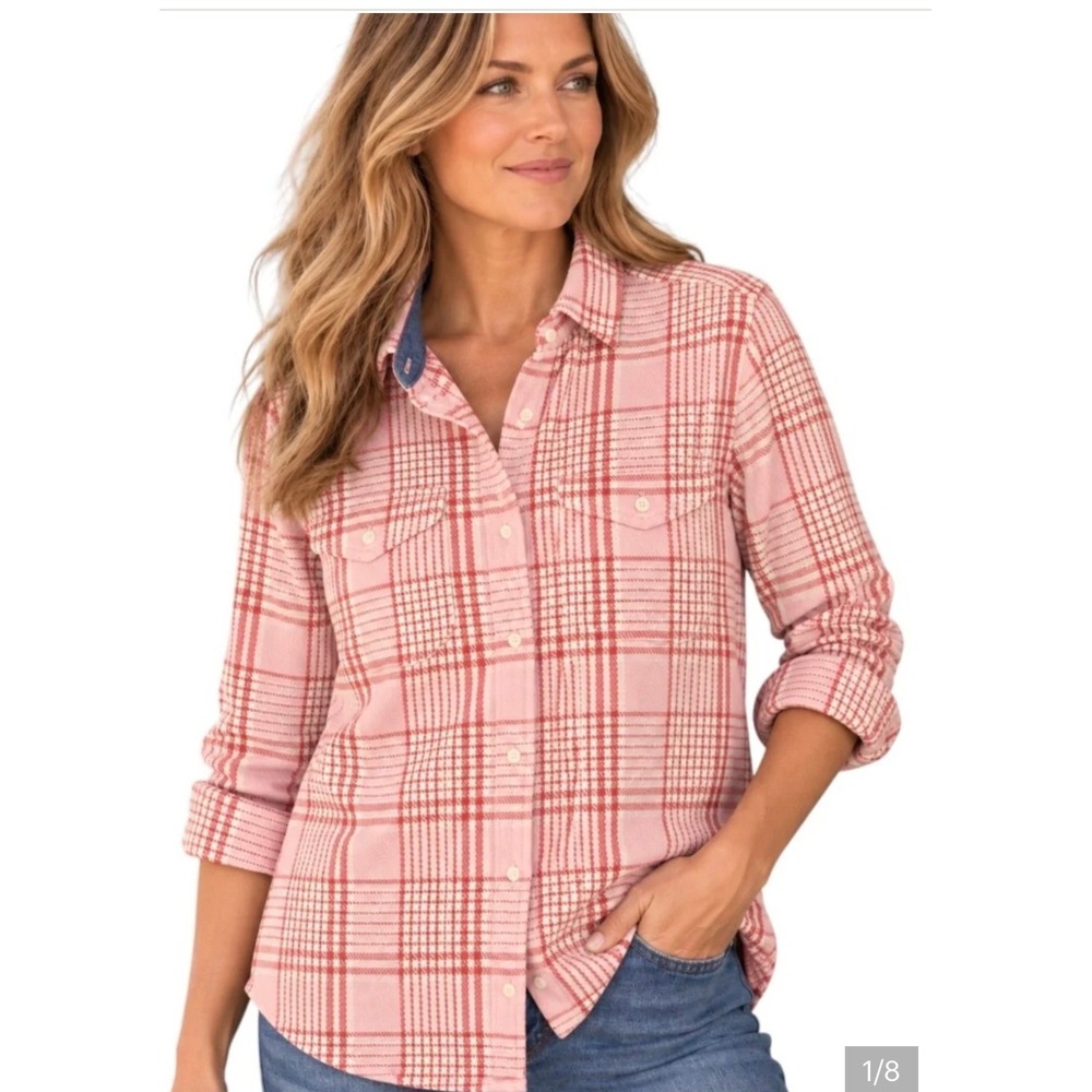 Outerknown Pink White Plaid Blanket Shirt Organic Cotton Heavyweight Twill  XS S